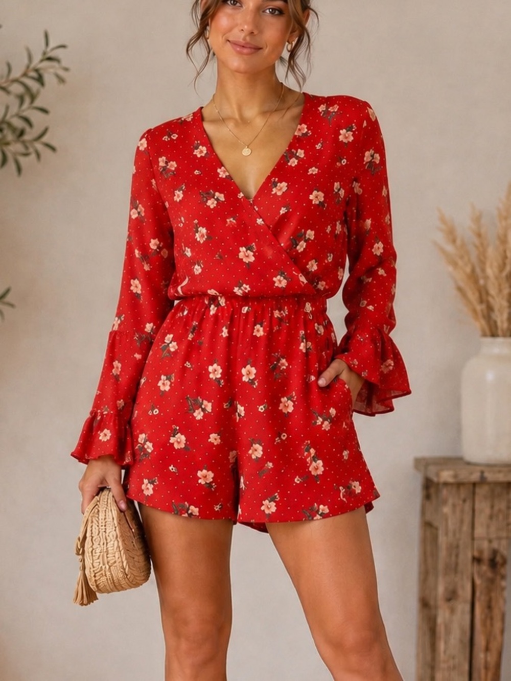 H & M Divided Red Floral Wrap Open Back Romper Long Sleeved Women 6